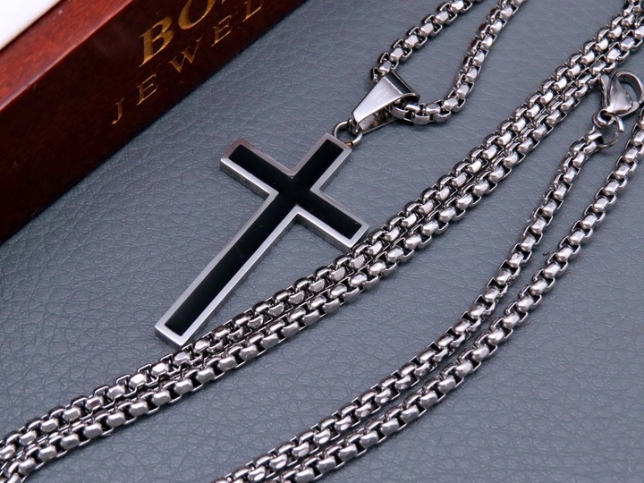 SREBRNY ŁAŃCUSZEK Z KRZYŻYKIEM STAL CHIRURGICZNA 316L SPLOT KRÓLEWSKI 60CM