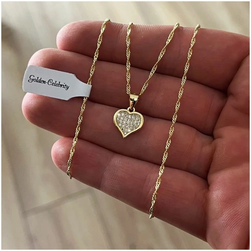 PIĘKNY ZŁOTY ŁAŃCUSZEK DAMSKI Z SERDUSZKIEM Z CYRKONIAMI + RÓŻA WIECZNA LED