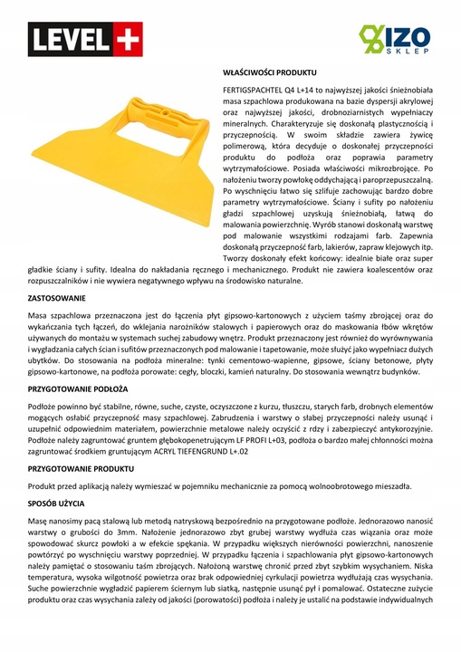 Gładź szpachlowa Gotowa 10kg + Paca Gładka