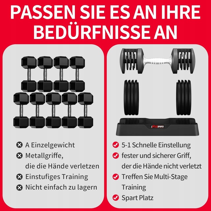 EnterSports 2 x 12 kg regulowane hantle z antypoślizgowym uchwytem do domu