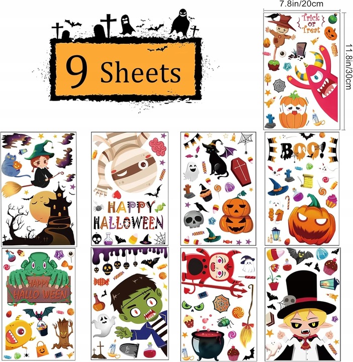 NAKLEJKI NA OKNO HALLOWEEN NA SZYBĘ 9 ARKUSZY DWUSTRONNE DYNIE WZORY DUŻE