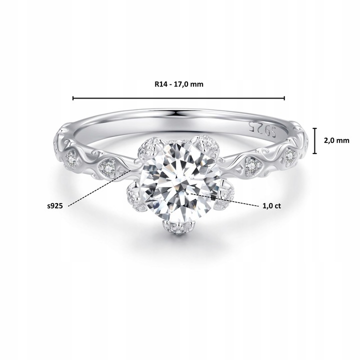 PM1214 Srebrny pierścionek R14 Moissanit 1,0 ct srebro 925