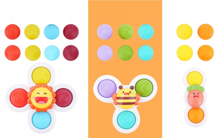 FIDGET SPINNER Z PRZYSSAWKĄ SENSORYCZNĄ KĄPIEL PREZENT GRZECHOTKA 3 SZTUKI