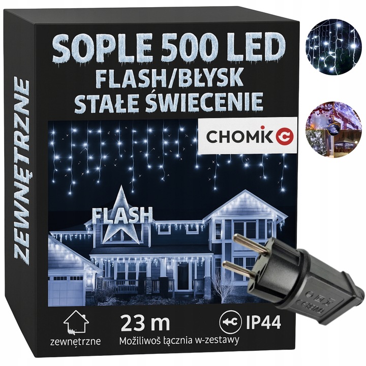 SOPLE 500LED FLASH BIAŁE ZIMNE 23M LAMPKI KURTYNA ZEWNĘTRZNA ŚWIĄTECZNA
