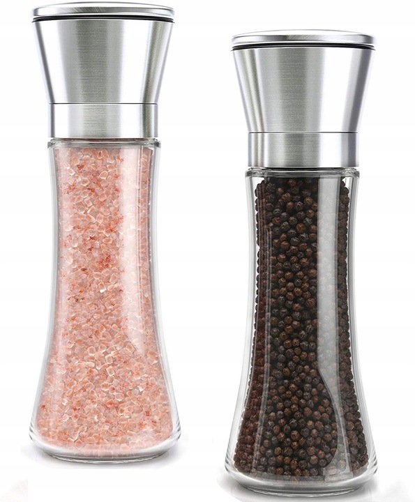 RĘCZNY Szklany Młynek do Pieprzu i Soli 2szt DUŻY Pojemnik + STOJAK