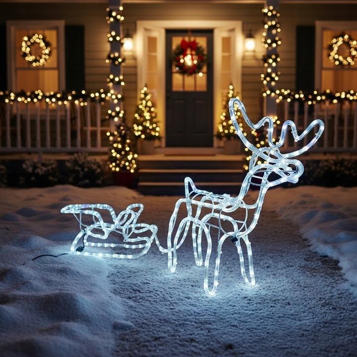 Renifer z Saniami LED Świecący Świąteczny Na Zewnątrz Do Ogrodu Biały Zimny