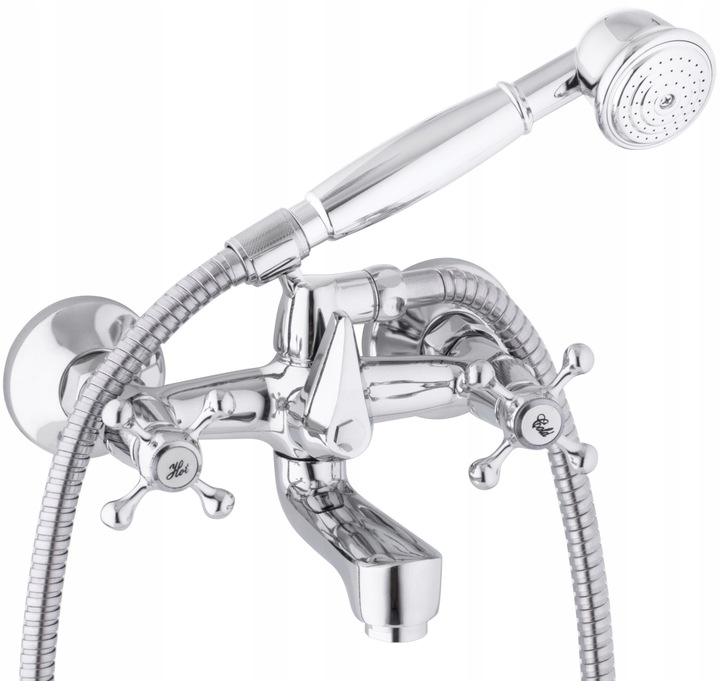 Bateria wannowa z prysznicem ścienna retro dwuuchwytowa kran do wanny chrom