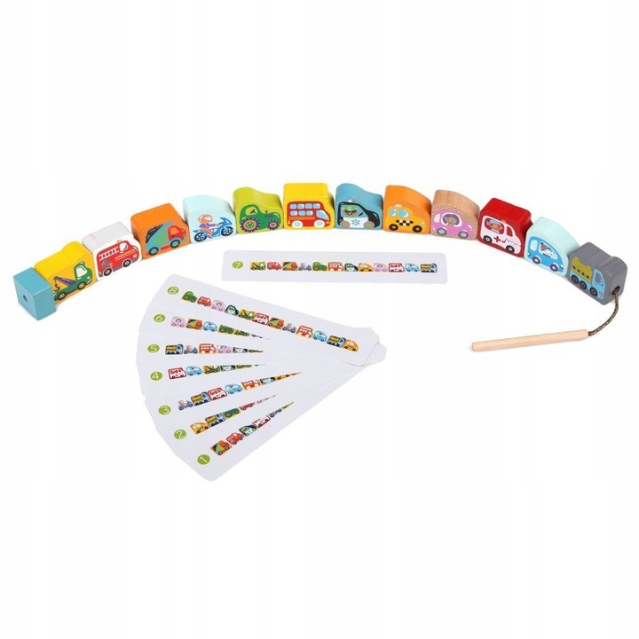 Cubika Drewniane korale klocki do nawlekania Nawlekanka Pojazdy