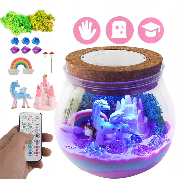 ZESTAW KREATYWNY JEDNOROŻEC MAGICZNE TERRARIUM AKWA DIY LAMPKA LED KRYSZTAŁ
