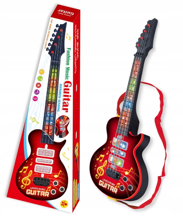GITARA STRUNOWA DLA DZIECI ROCKOWA DUŻA 52 CM ZABAWKA MUZYCZNA LED 4 STRUNY