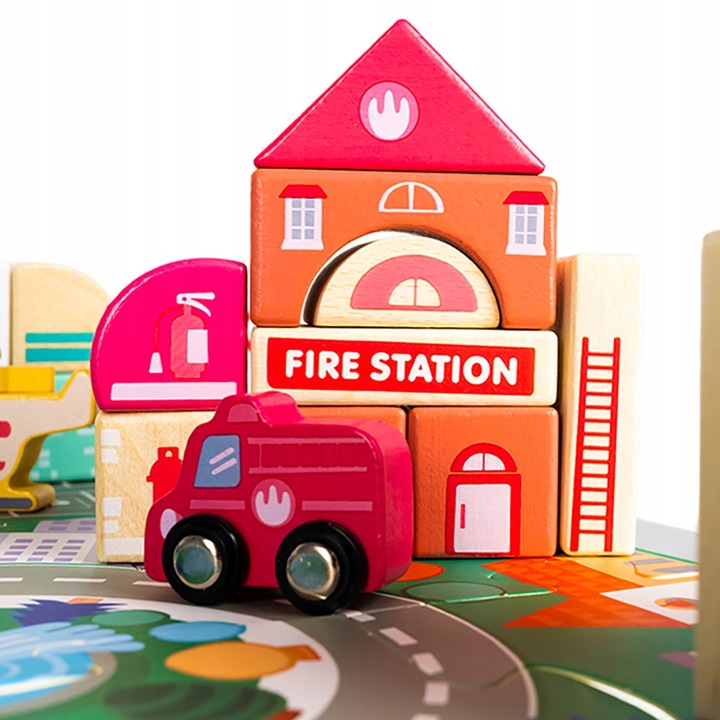 Klocki Miasto Drewniane Auta Zestaw + Puzzle Mata 115 Klocków Edukacyjne