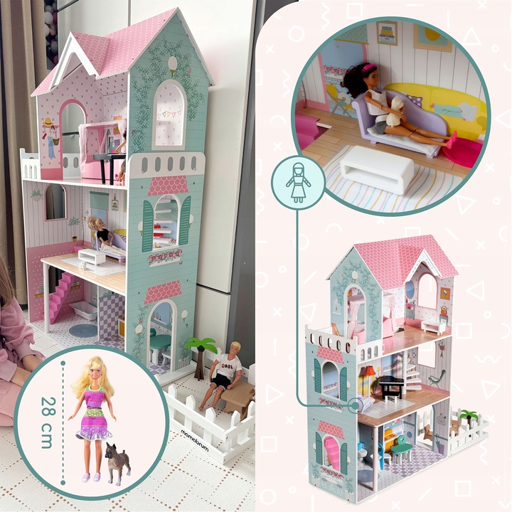 Duży Domek Dla Lalek XXL Drewniany Mebelki Do Zestawu Oświetlenie LED