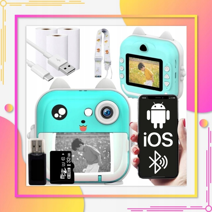APARAT NATYCHMIASTOWY DLA DZIECI DRUKUŚ DRUKARKA Z KARTA 32GB + 3 ROLKI