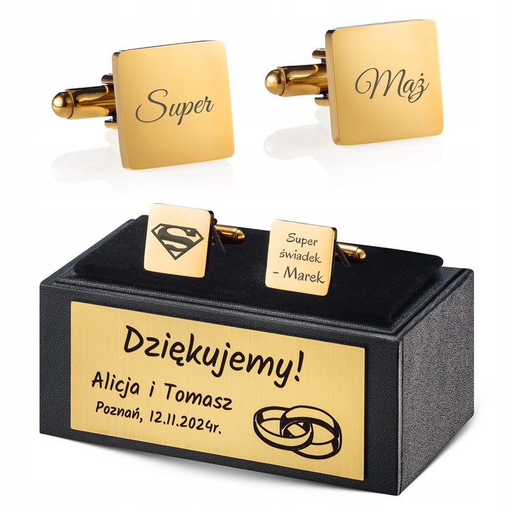 Spinki do mankietów Złote Stalowe z GRAWEREM Prezent dla Taty Męża