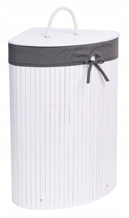 KOSZ POJEMNIK NA PRANIE BIELIZNĘ NAROŻNY BIAŁY BAMBUSOWY Z POKRYWĄ 60L