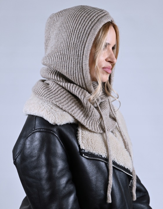 CZAPKA Kominiarka KAPTUR komin Balaclava damska ciepła miekka zimowa Latte