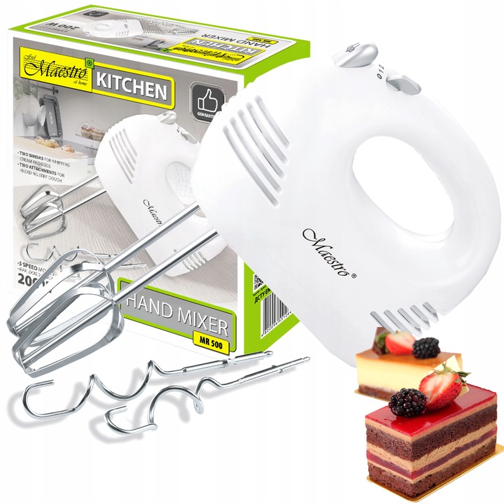 MIKSER RĘCZNY ROBOT KUCHENNY 5 PRĘDKOŚCI + 4 KOŃCÓWKI HAKI TRZEPACZKI 200W