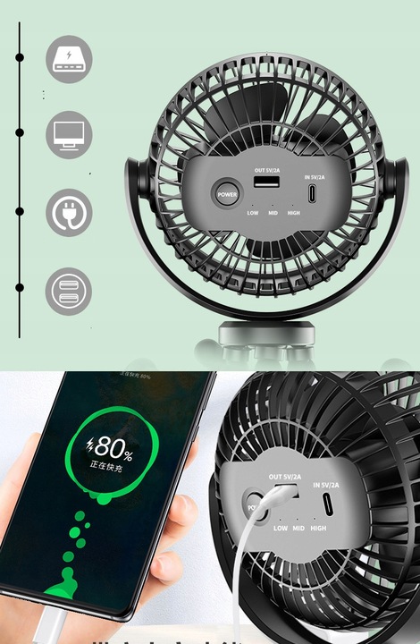 WENTYLATOR PRZENOŚNY WIATRAK BIURKOWY 5200mAh Z ELASTYCZNYM STATYWEM