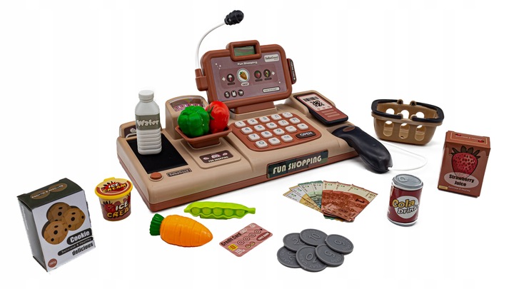 Kasa Fiskalna Edukacyjna Sklepowa Waga Koszyk Czytnik Kodów Monety Mikrofon