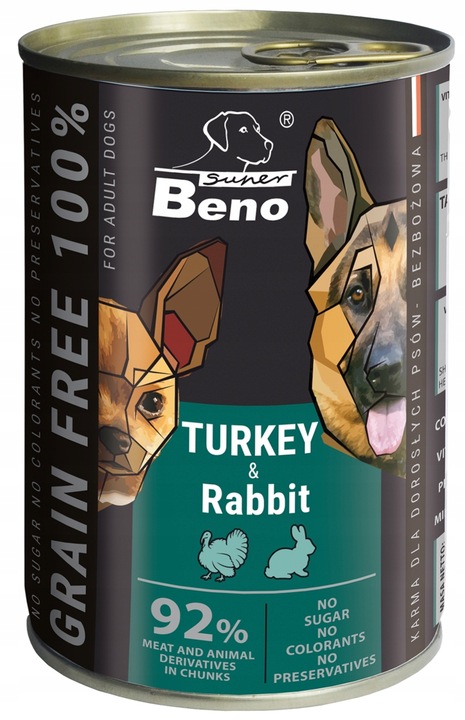 Beno Bezzbożowa Mokra Karma dla psów MIX 12x 415g Puszki dla psa 92% Mięsa