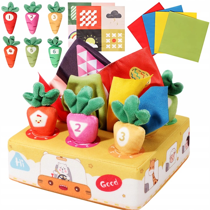SORTER PUDEŁKO Z CHUSTECZKAMI MARCHEWKI PLUSZOWE MONTESSORI SENSORYCZNE