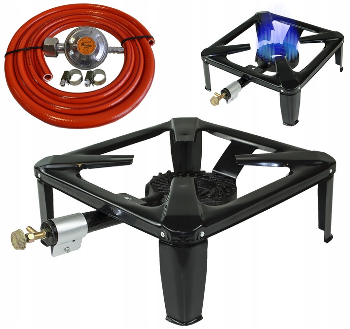 ŻELIWNY TABORET GAZOWY PALNIK ZESTAW REDUKTOR WĄŻ SOLIDNY TRWAŁY