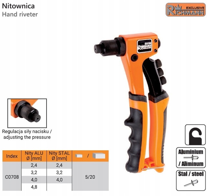 NITOWNICA DO NITÓW STALOWYCH I ALU 2,4-4,8mm C0708 RICHMANN