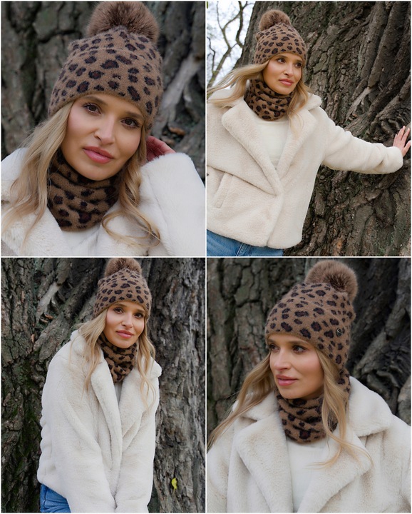 Czapka zimowa damska ciepła z POMPONEM beanie MODNA w panterkę Polska Print
