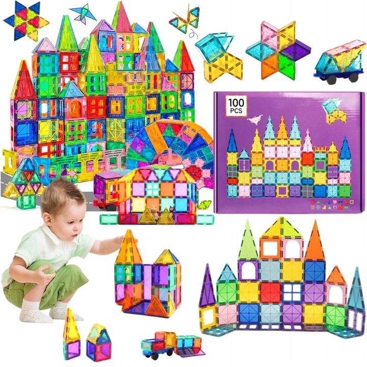 KLOCKI MAGNETYCZNE KONSTRUKCYJNE EDUKACYJNE ZESTAW 100 EL DUŻE PANELE 3D