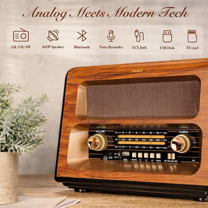 PRUNUS J-199 Retro Radio Bluetooth, AM FM SW Nostalgiczne na baterie