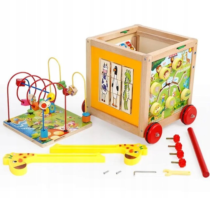 DUŻY DREWNIANY CHODZIK PCHACZ KOSTKA EDUKACYJNA 7w1 MONTESSORI + MULA