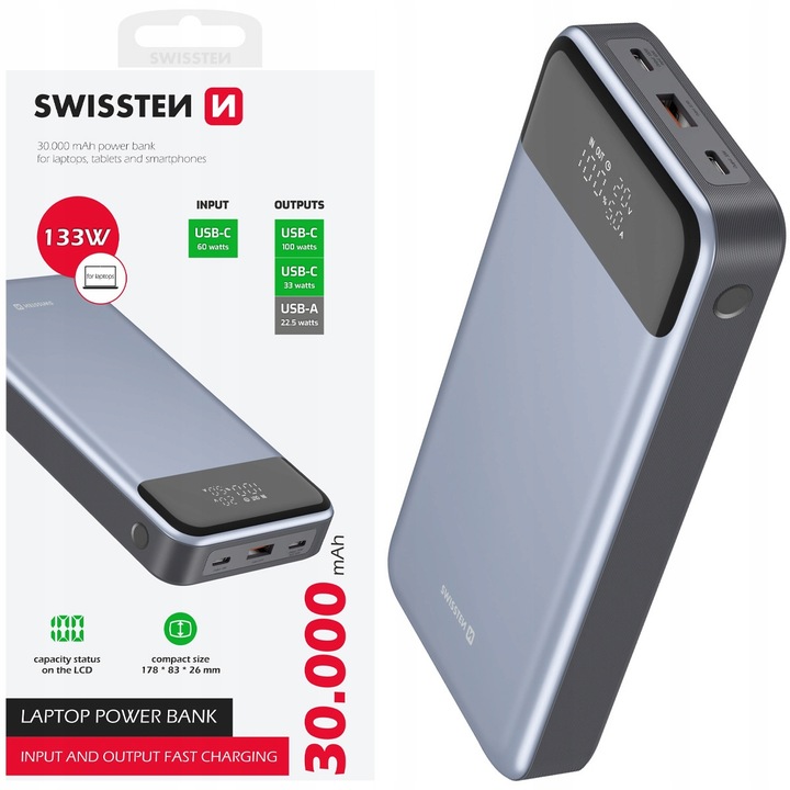 SWISSTEN POWERBANK do laptopa telefonu 30000 mAh PD QC 133W 2x USB-C USB-A
