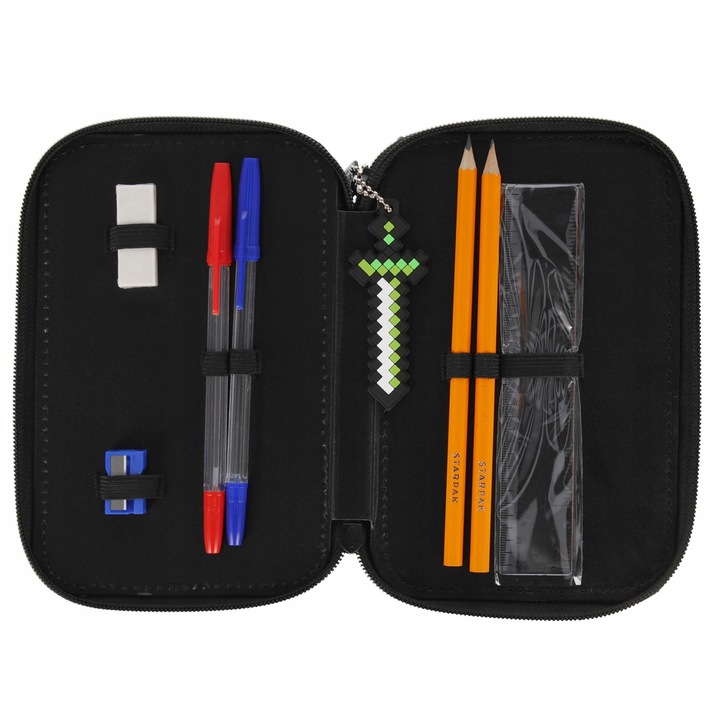 PIÓRNIK SZKOLNY TRZYKOMOROWY Z WYPOSAŻENIEM DLA CHŁOPCA PIXEL