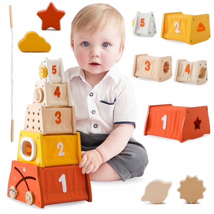 Drewniana piramidka edukacyjna Montessori sorter kształtów, labirynt, cyfry