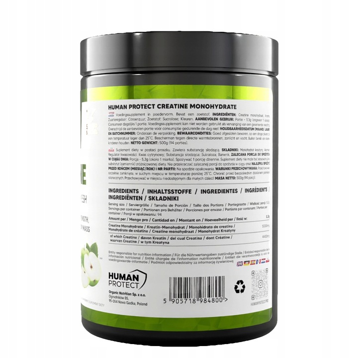 Human Protect CREATINE MONOHYDRATE 500g Kreatyna Monohydrat Jabłko