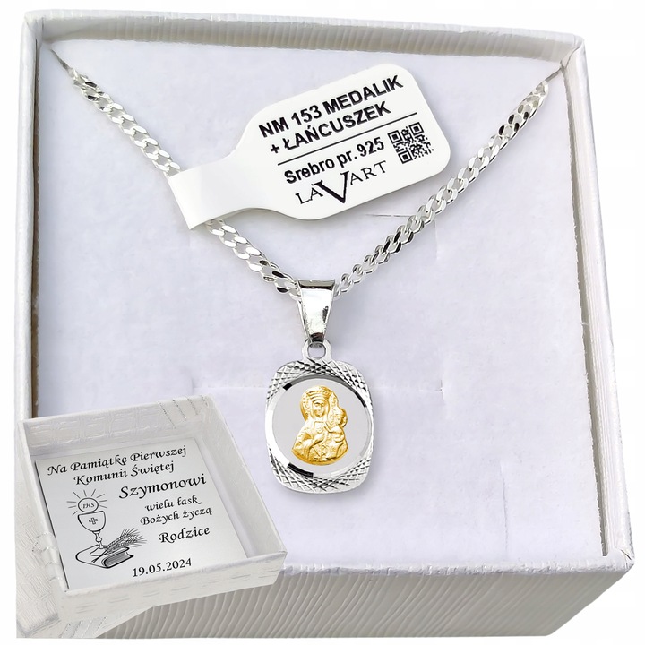 ŁAŃCUSZEK SREBRNY MEDALIK KOMUNIJNY MATKA BOSKA DO KOMUNII NA CHRZEST 50 cm
