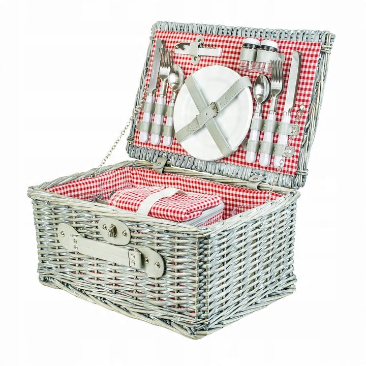 Duży kosz piknikowy z zestawem sztućców talerzy dla 4 osób biała wiklina