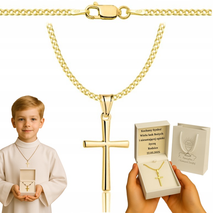 ZŁOTY ŁAŃCUSZEK NA CHRZEST CHRZCINY Z KRZYŻYKIEM PR 925 585 GRAWER PAMIĄTKA