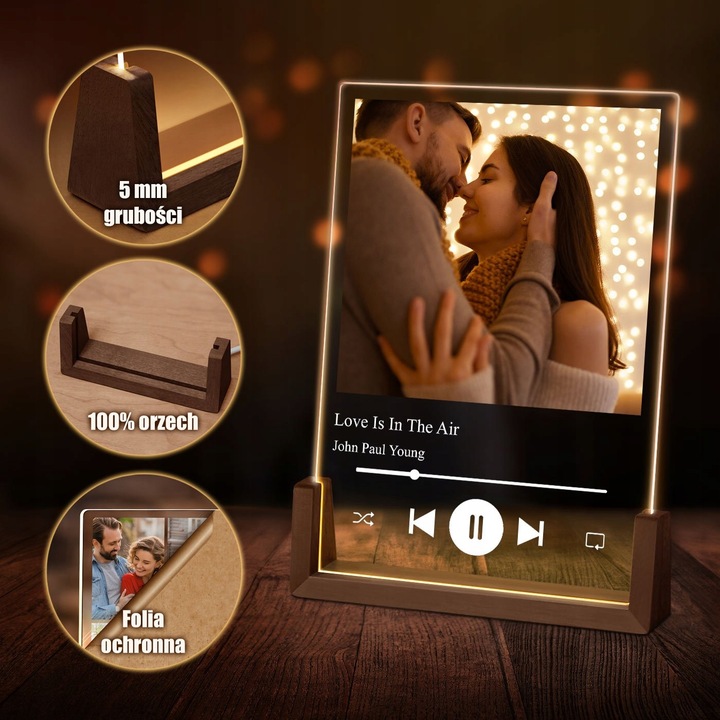 Ramka Zdjęcie na Szkle Lampka Nocna LED 3D XL Piosenka Spotify Walentynki
