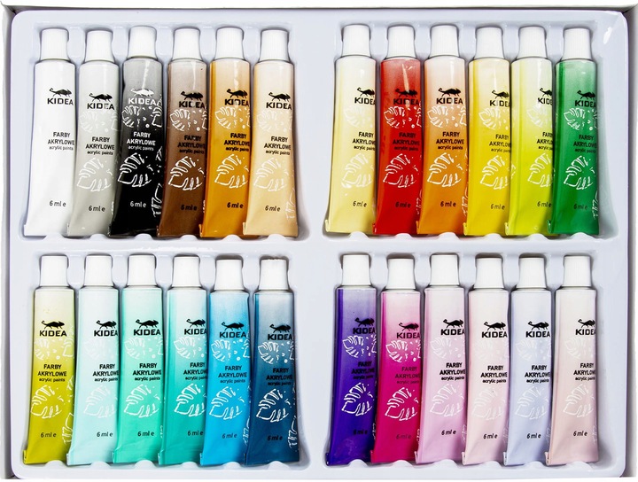 Farby akrylowe Kidea 24 szt. x 6 ml WYSOKIE KRYCIE niezwykle wydajne szkoły