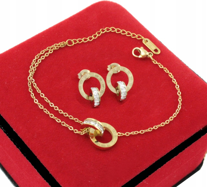 KOMPLET BIŻUTERII ZE STALI CHIRURGICZNEJ KÓŁKA RING CYRKONIE KOLOR ZŁOTY