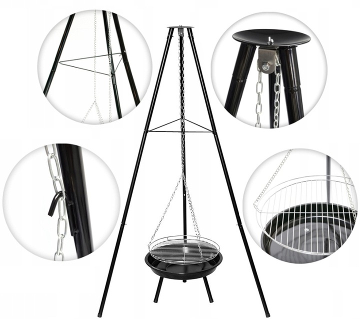 Grill Ogrodowy Wiszący Trójnóg Węglowy Palenisko Ruszt 55 cm BBQ Regulowany