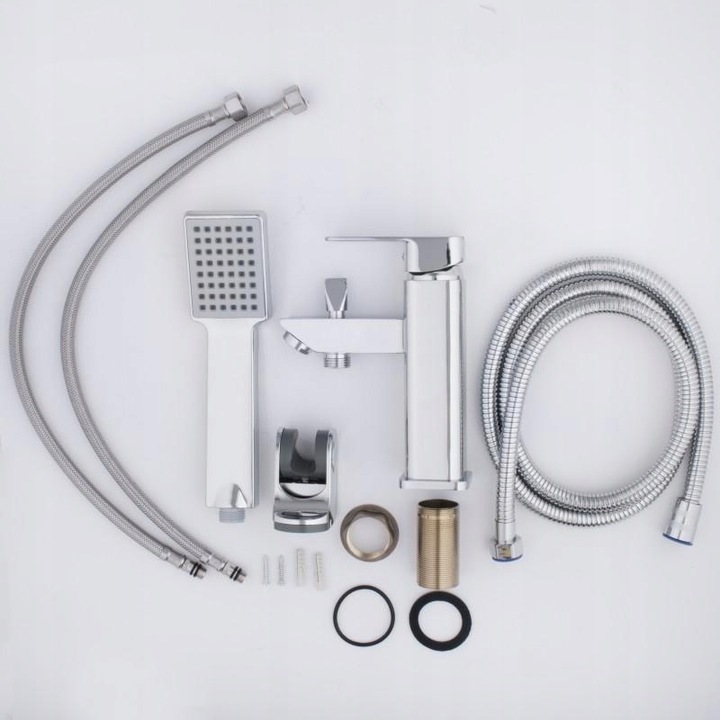 Bateria wannowa stojąca jednootworowa z prysznicem i wężem chrom srebrna