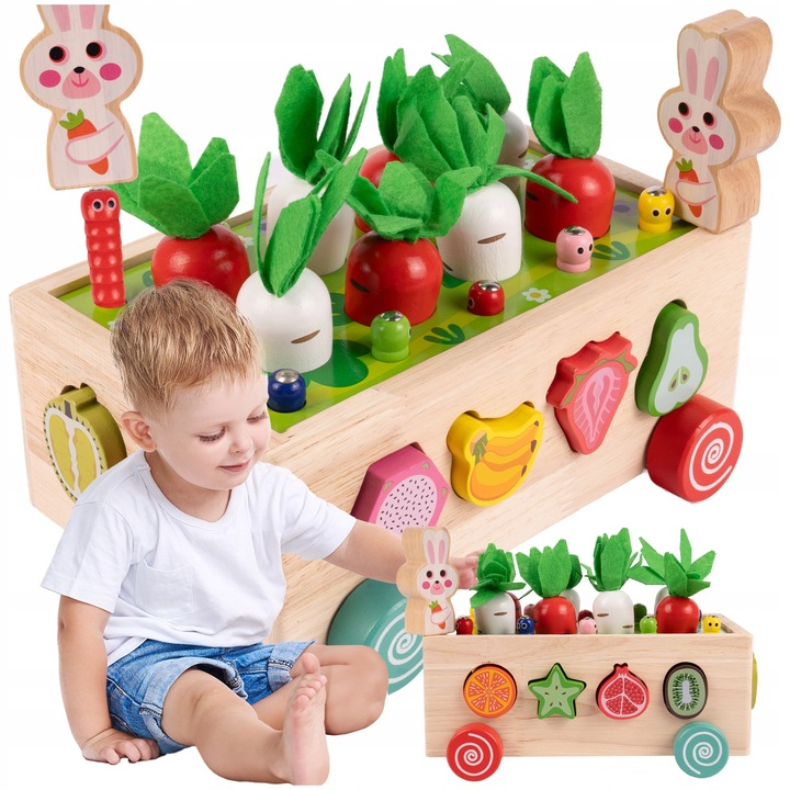 Układanka Montessori Sorter Klocków Złap Robaczka Drewniany Wózek Marchewki