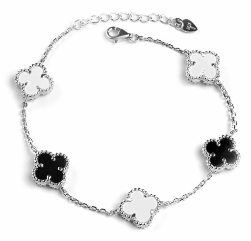 BRANSOLETKA Srebrna Damska SREBRO pr.925 Koniczyna Onyks Perłowa Koniczynka