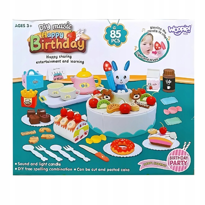 WIELKI ZESTAW CUKIERNIA TORT URODZINOWY KROJENIA SERWIS HERBATY 85EL WOOPIE