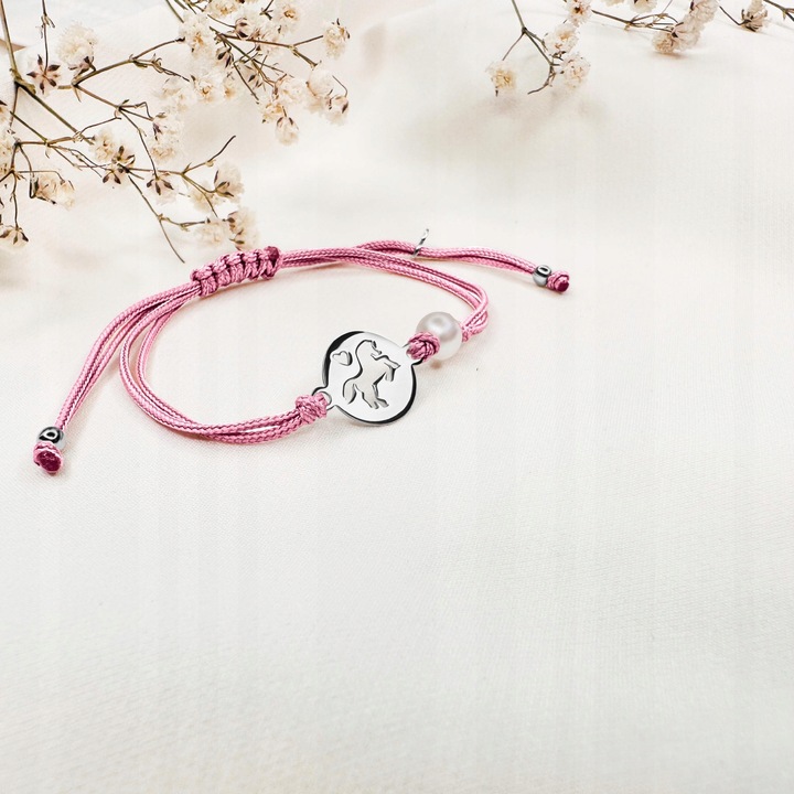 Srebrna bransoletka dla dziewczynki sznurkowa jednorożec srebro 925