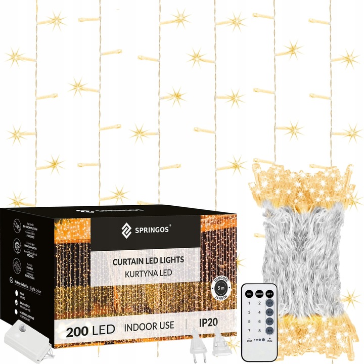 KURTYNA ŚWIETLNA 200 LED 3x2m SOPLE LAMPKI GIRLANDA BIAŁE PILOT NA OKNO