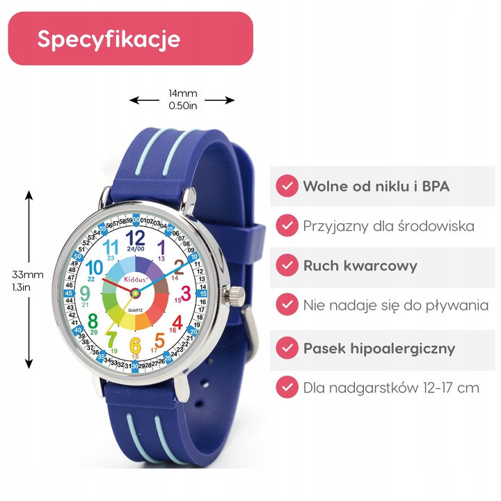 Kiddus zegarek dla dziecięcy Edukacyjny Niebieski Klasyczny
