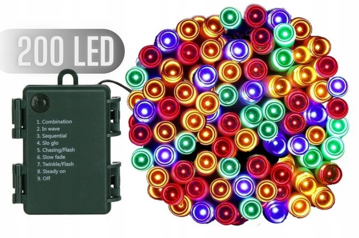 Lampki Choinkowe LED na Baterie 200 Multicolor 15 m IP44 8 Trybów